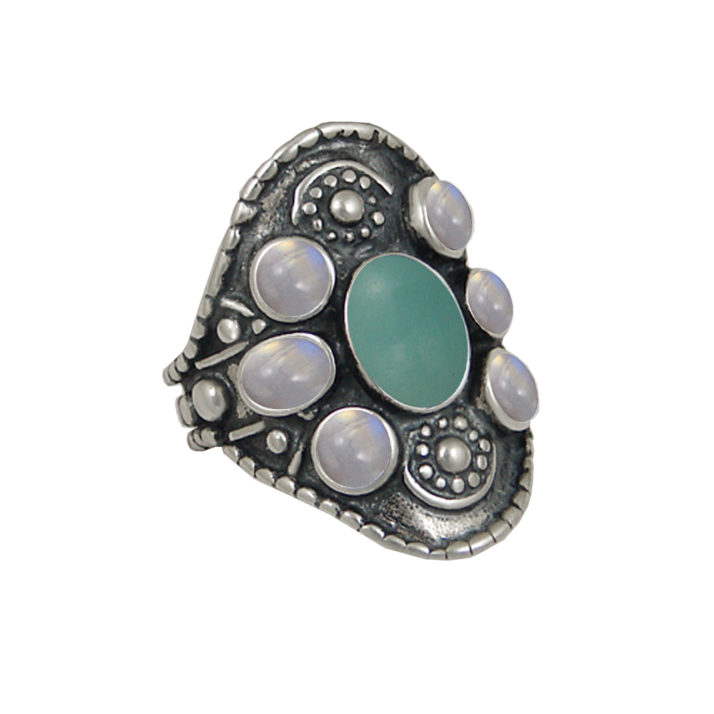 Sterling Silver High Queen's Ring With Aventurine And Rainbow Moonstone Size 7